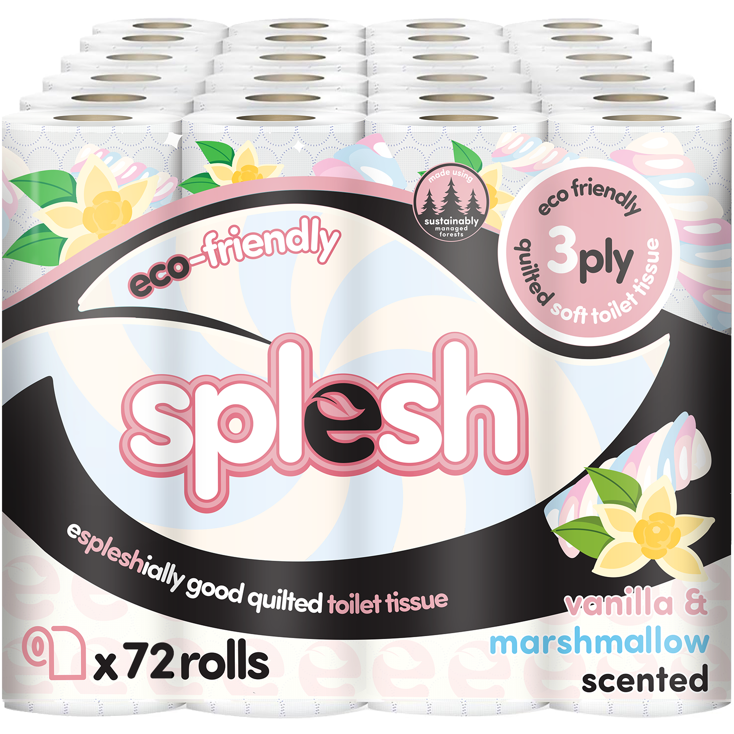 Splesh Quilted Toilet Roll Luxury Vanilla & Marshmallow 3-Ply Soft Toilet Paper, 72 Rolls - Splesh