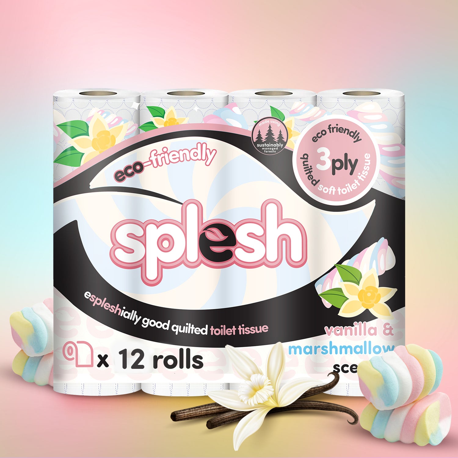 Splesh vanilla and marshmallow scented 3-ply toilet tissue, 12 rolls