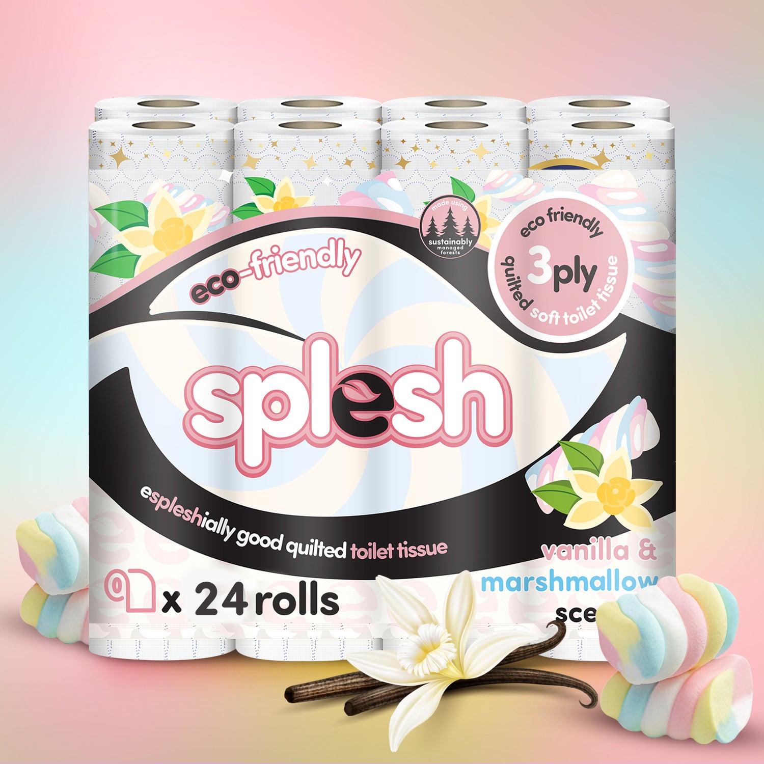 Splesh vanilla and marshmallow scented 3-ply toilet tissue, 24 rolls