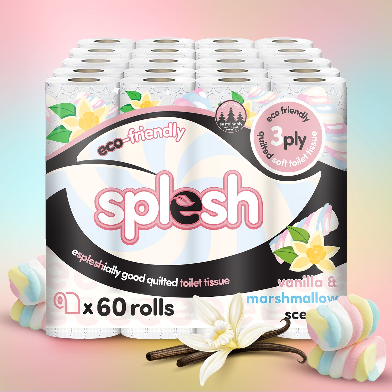 Splesh Quilted Toilet Roll Luxury Vanilla & Marshmallow 3-Ply Soft Toilet Paper, 60 Rolls