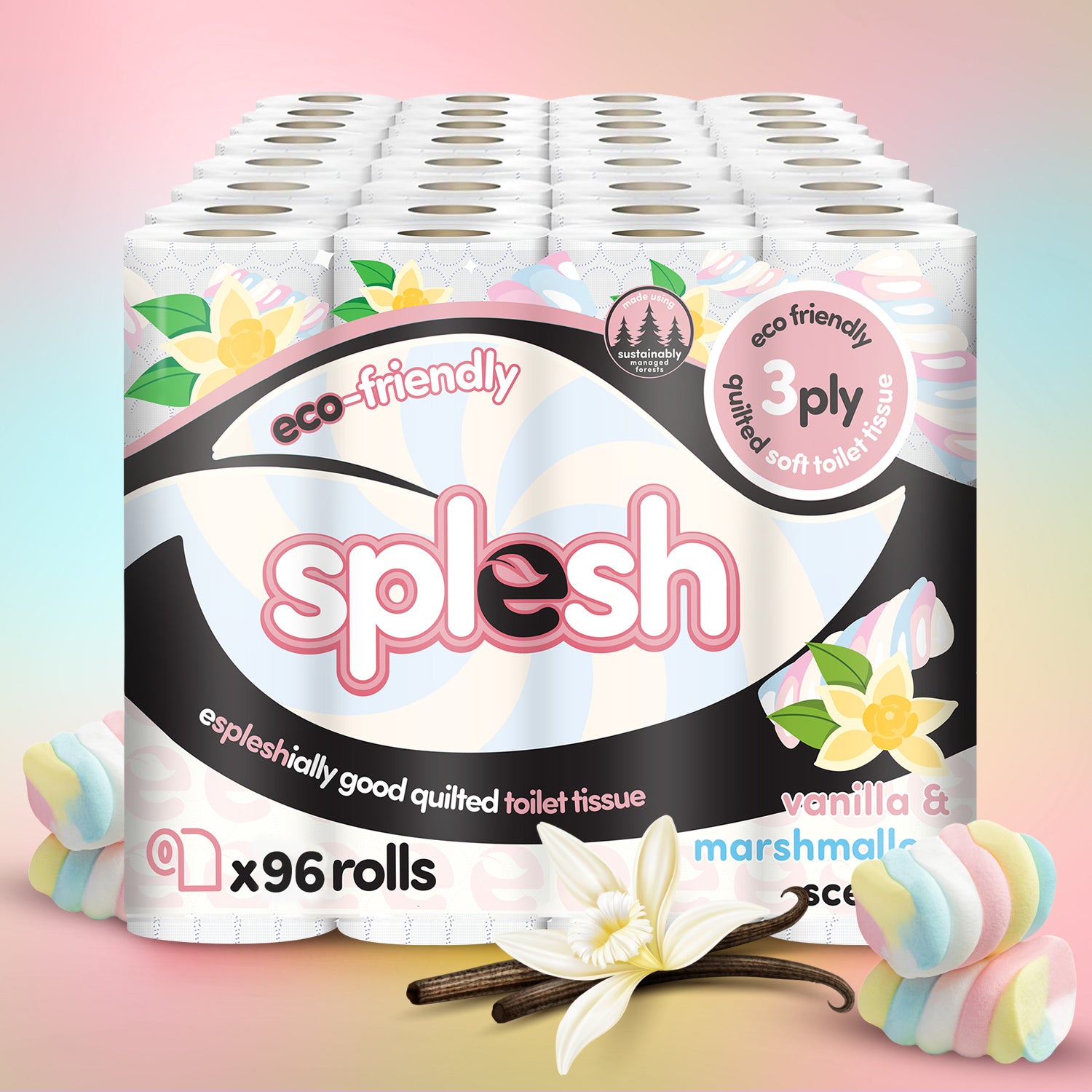 Splesh vanilla and marshmallow scented 3-ply toilet tissue, 96 rolls