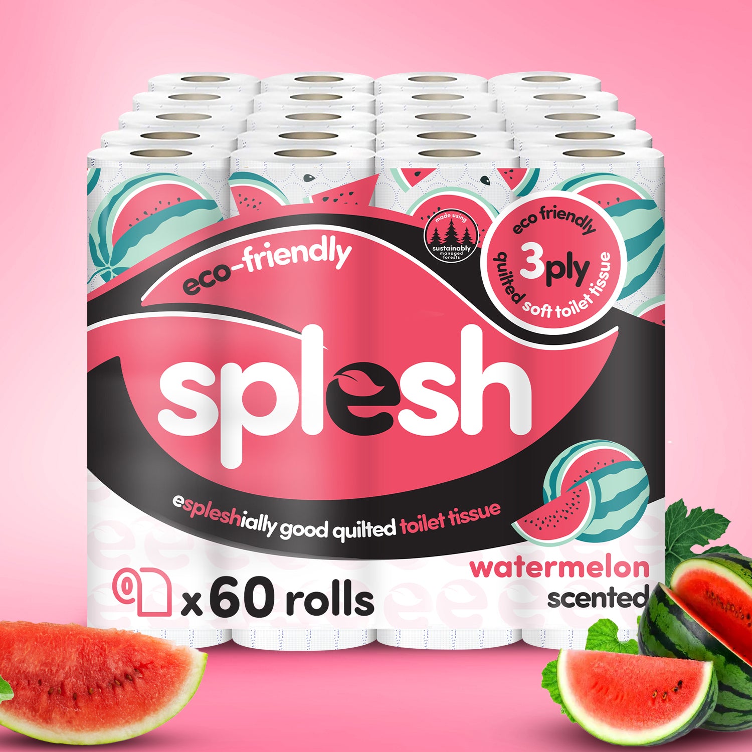Splesh Quilted Toilet Roll Luxury Watermelon 3-Ply Soft Toilet Paper, 60 Rolls