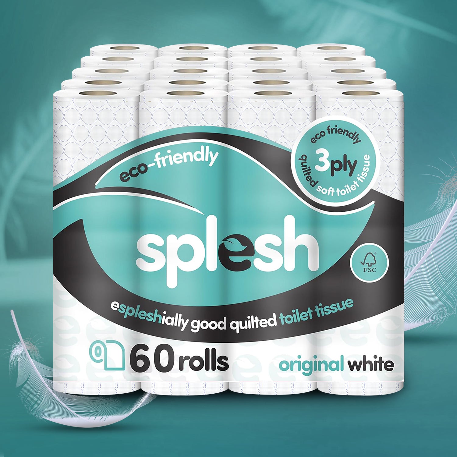 Splesh Toilet Roll, Soft & Quilted Eco-Friendly, White, 60 Rolls