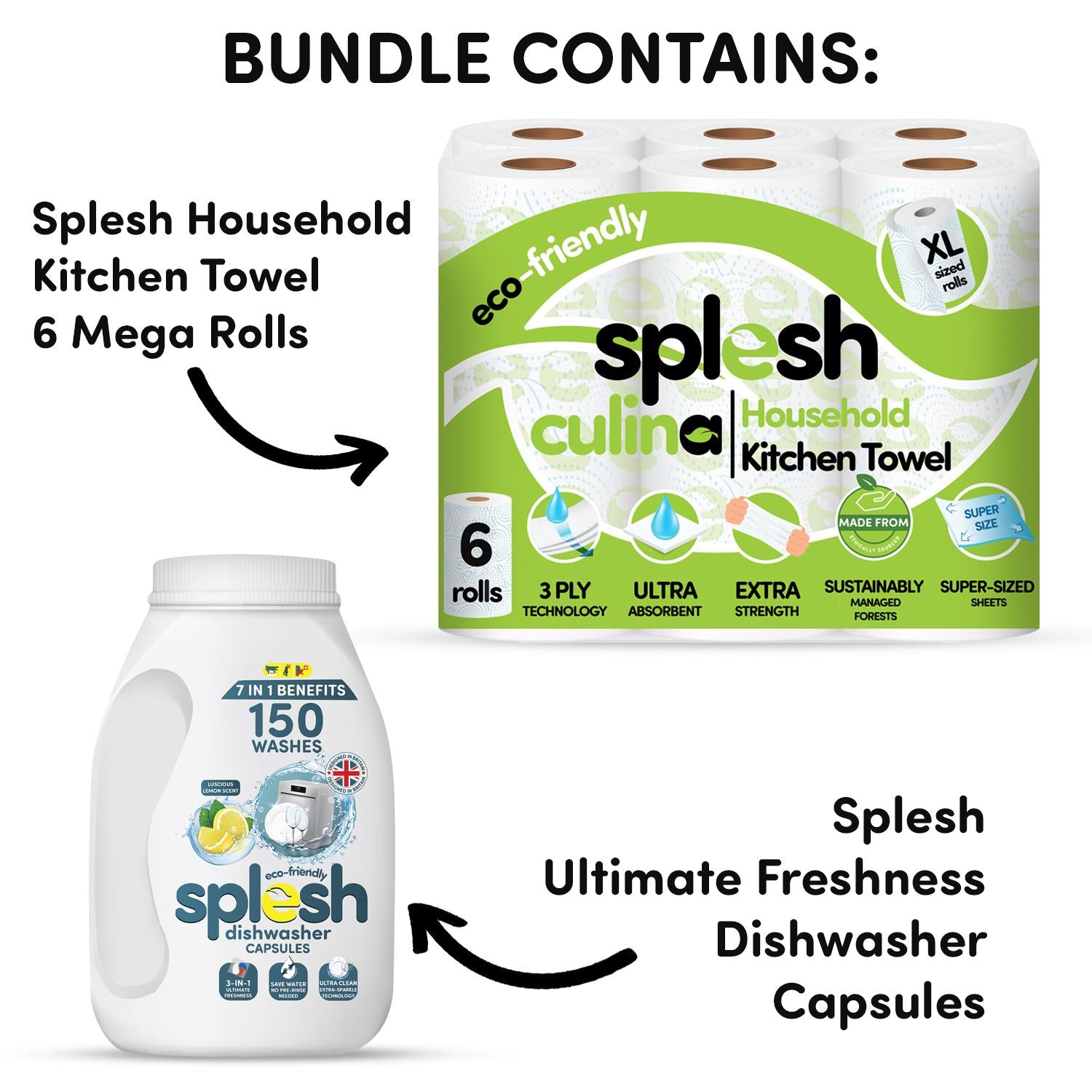 Splesh Culina XL Kitchen Towel 3 Ply 6 Rolls with 3in1 Dishwasher Tablets 150W - Splesh