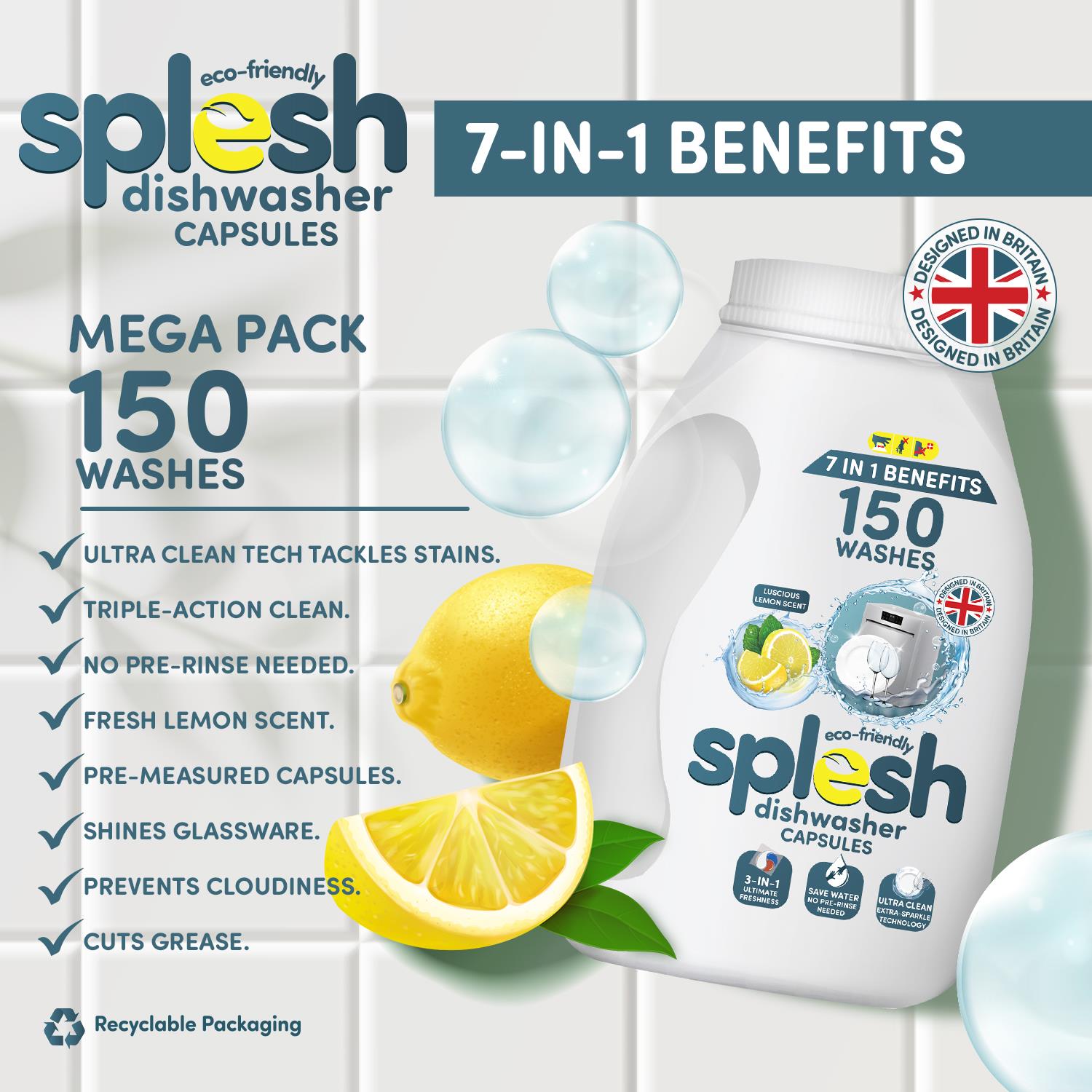 Splesh 3 in 1 Ultimate Freshness Dishwasher Tablets, Lemon Scent 150 Washes - Splesh
