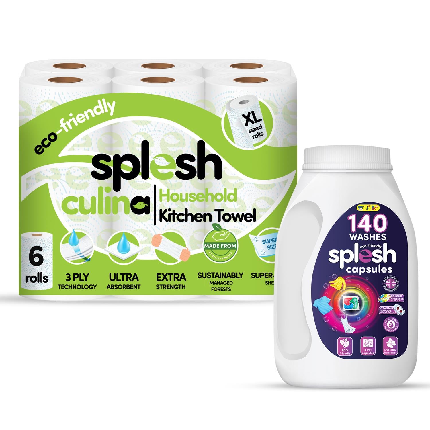 Splesh Culina XL Kitchen Towel 3 Ply 6 Rolls with 3in1 Laundry Capsules 140W - Splesh