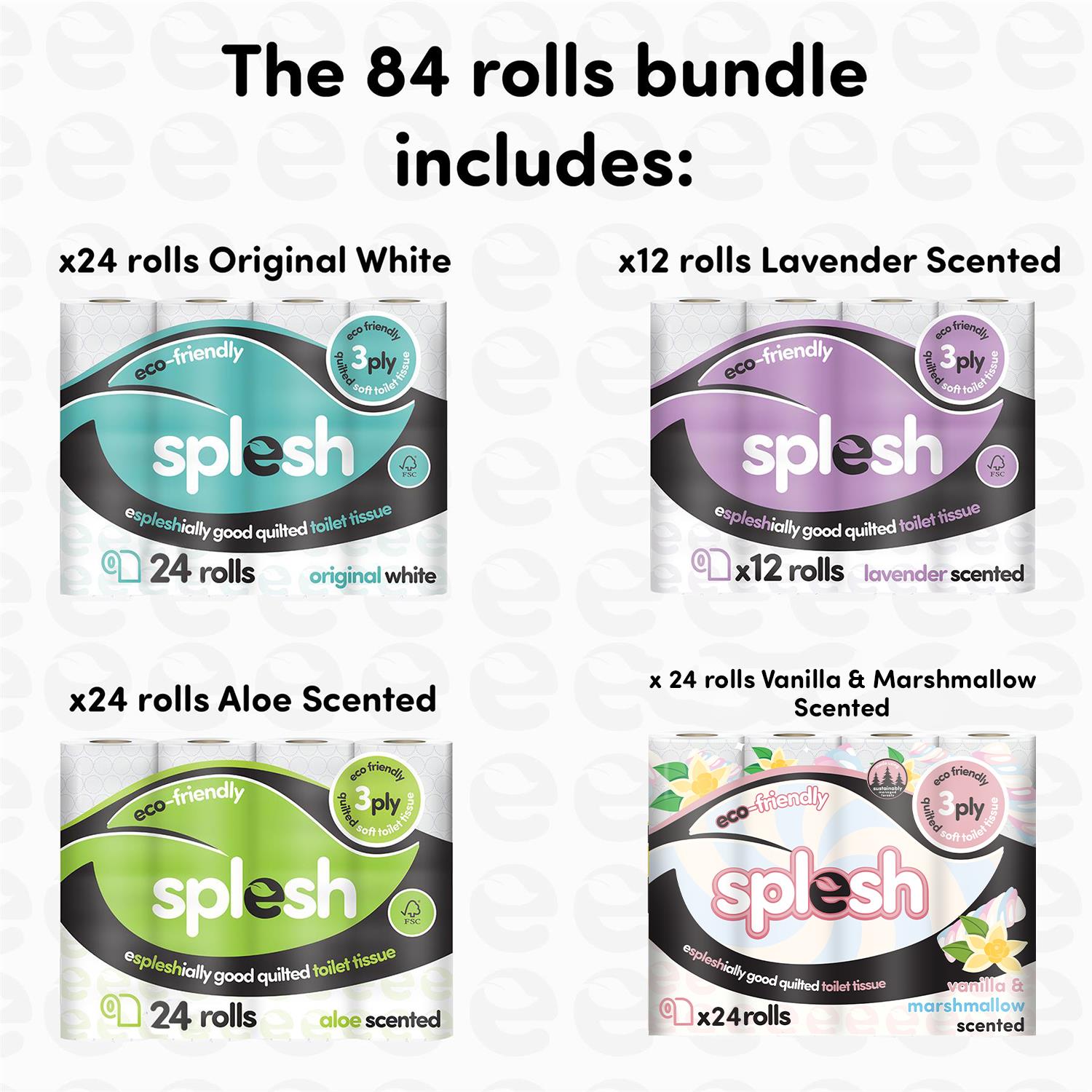 Splesh Variety Pack 84 Toilet Rolls (x24 White, Aloe, Vanilla + x12 Lavender) - Splesh