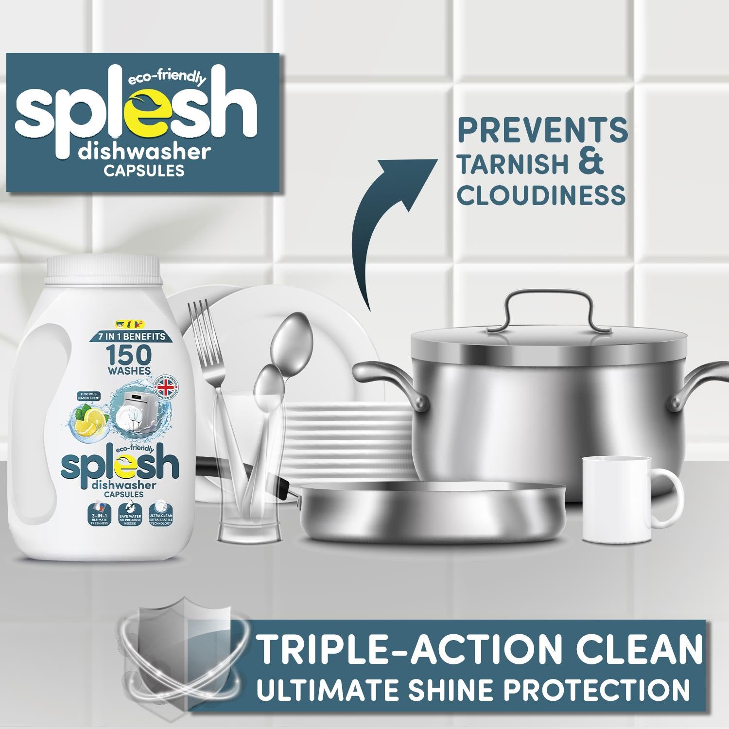 Splesh 3 in 1 Ultimate Freshness Dishwasher Tablets, Lemon Scent 150 Washes - Splesh