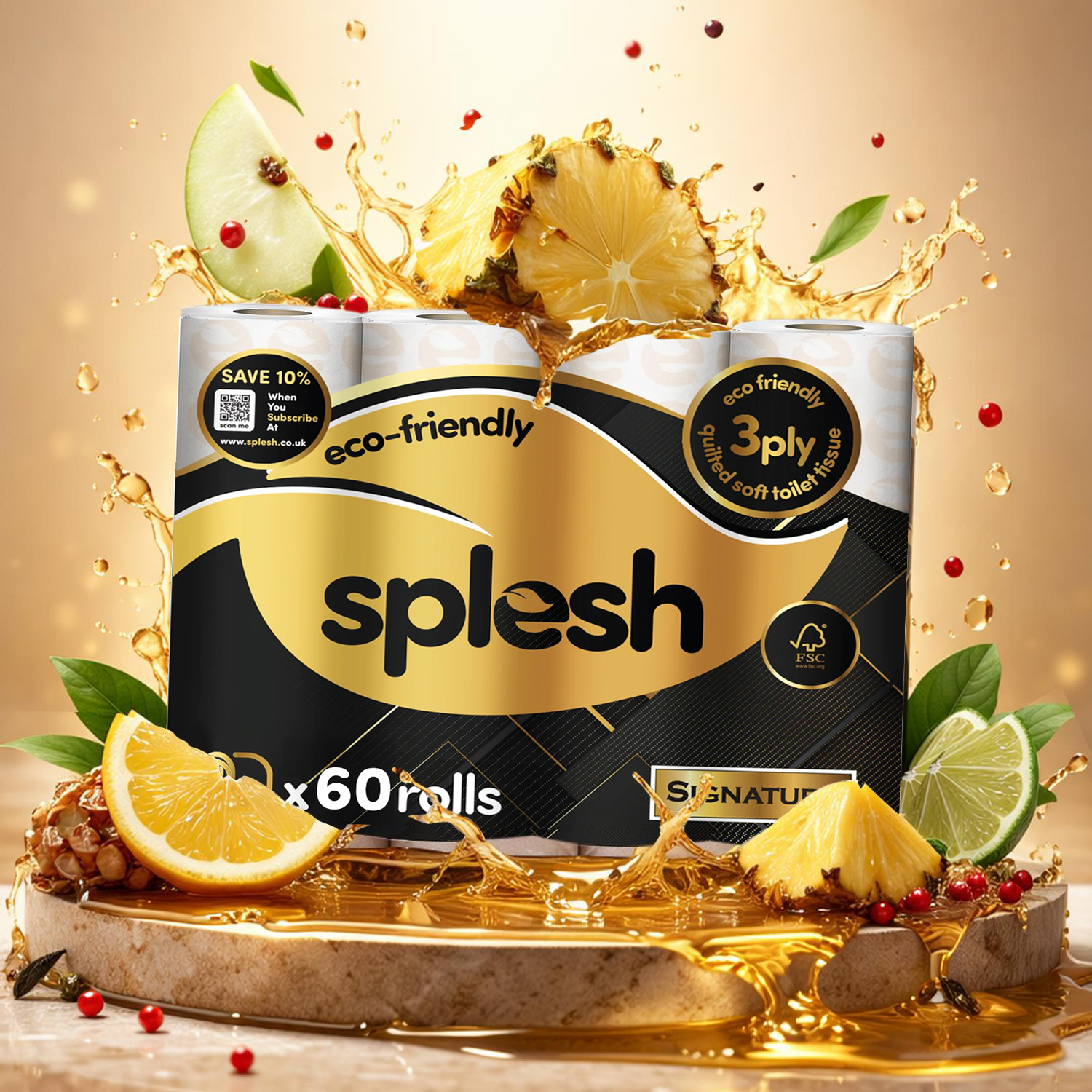 Splesh Signature 60-Rolls Luxury Pineapple, Bergamot & Smoky Woods scented toilet tissue