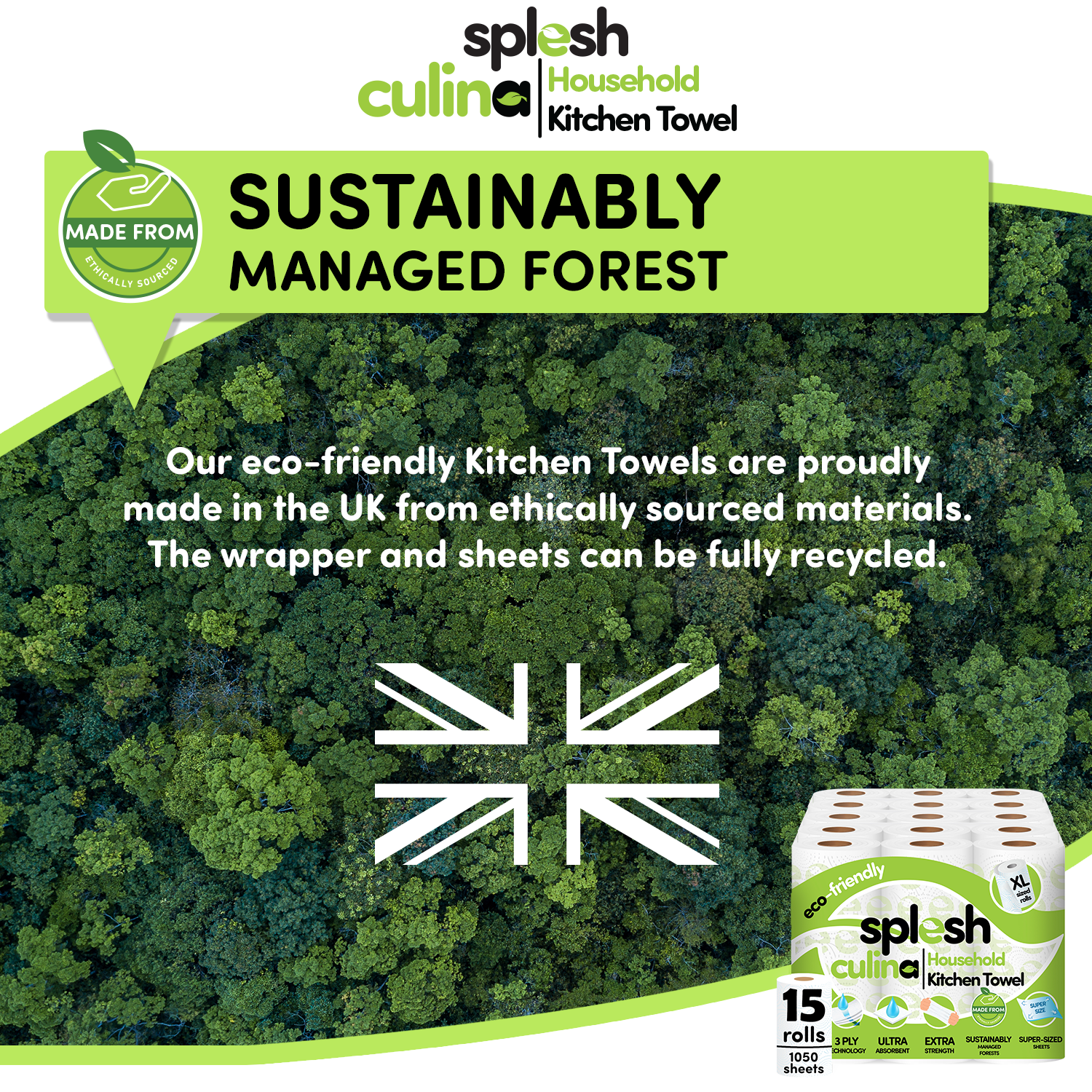 Splesh Culina Kitchen Towel 3 Ply Ultra Absorbent Household XL Roll, 15 Rolls - Splesh