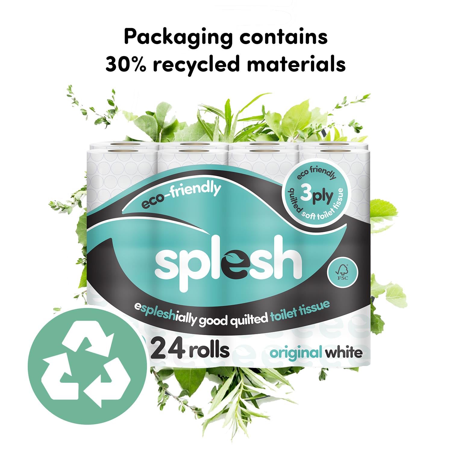 Splesh Toilet Roll Soft & Quilted 3-Ply Original White Toilet Tissue, 24 Rolls - Splesh