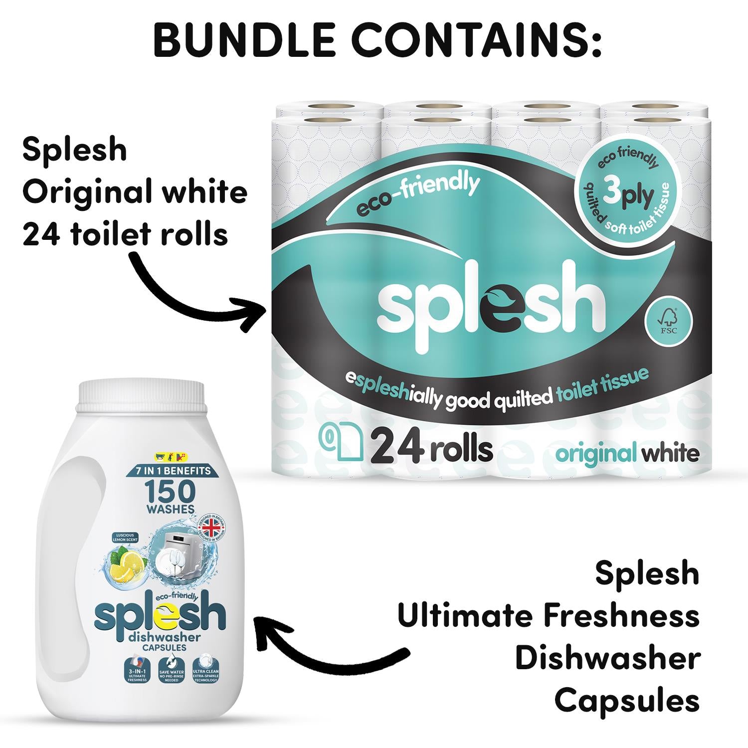 Splesh Toilet Paper Original White 3Ply 24 Rolls w/ 3in1 Dishwasher Tablets 150W - Splesh