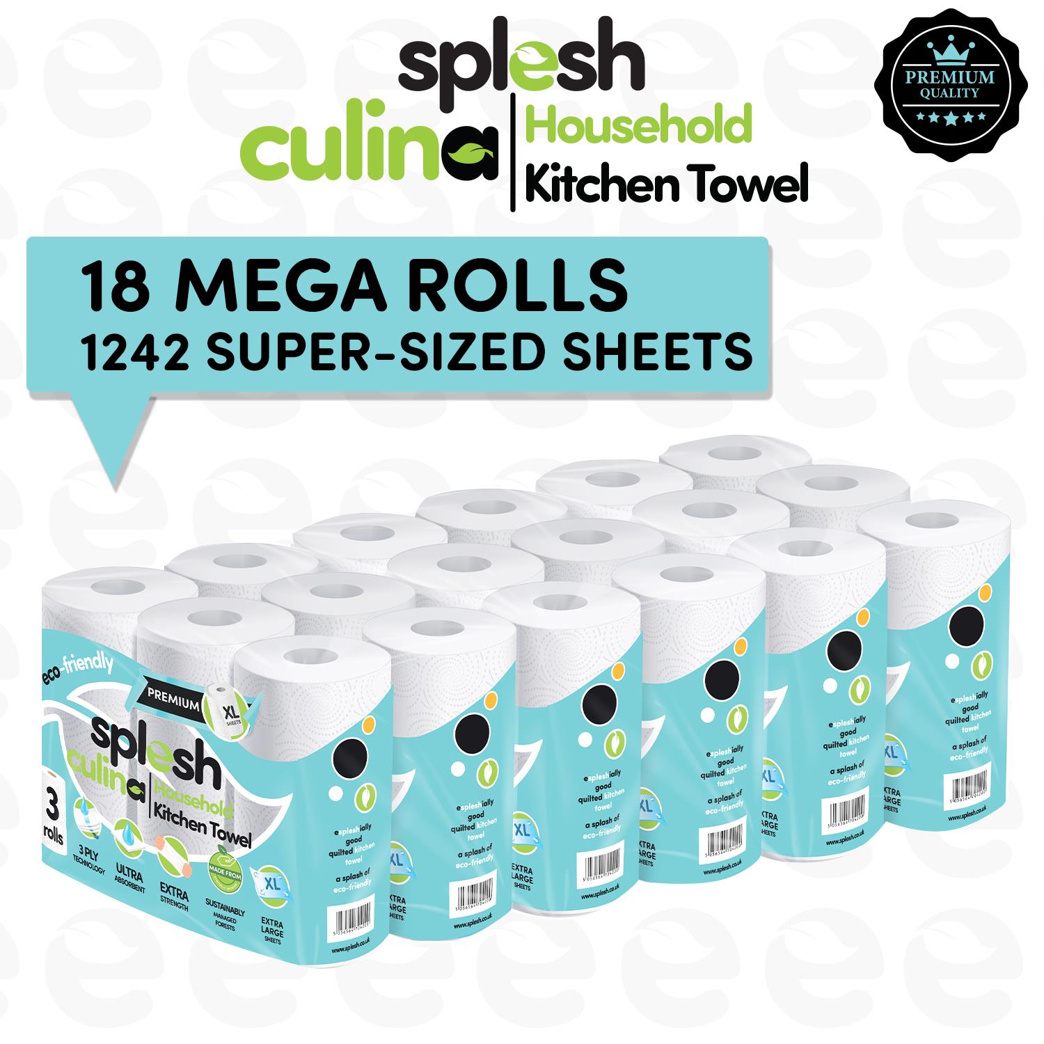 Splesh Culina Kitchen Towel 3 Ply Ultra Absorbent Household XL Roll, 18 Rolls - Splesh