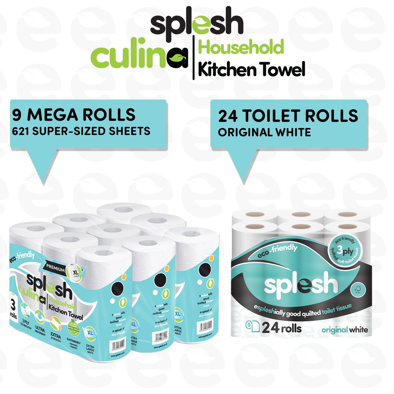 Splesh Toilet Roll Quilted White 24 Rolls with Culina Kitchen Towel 9 Rolls - Splesh