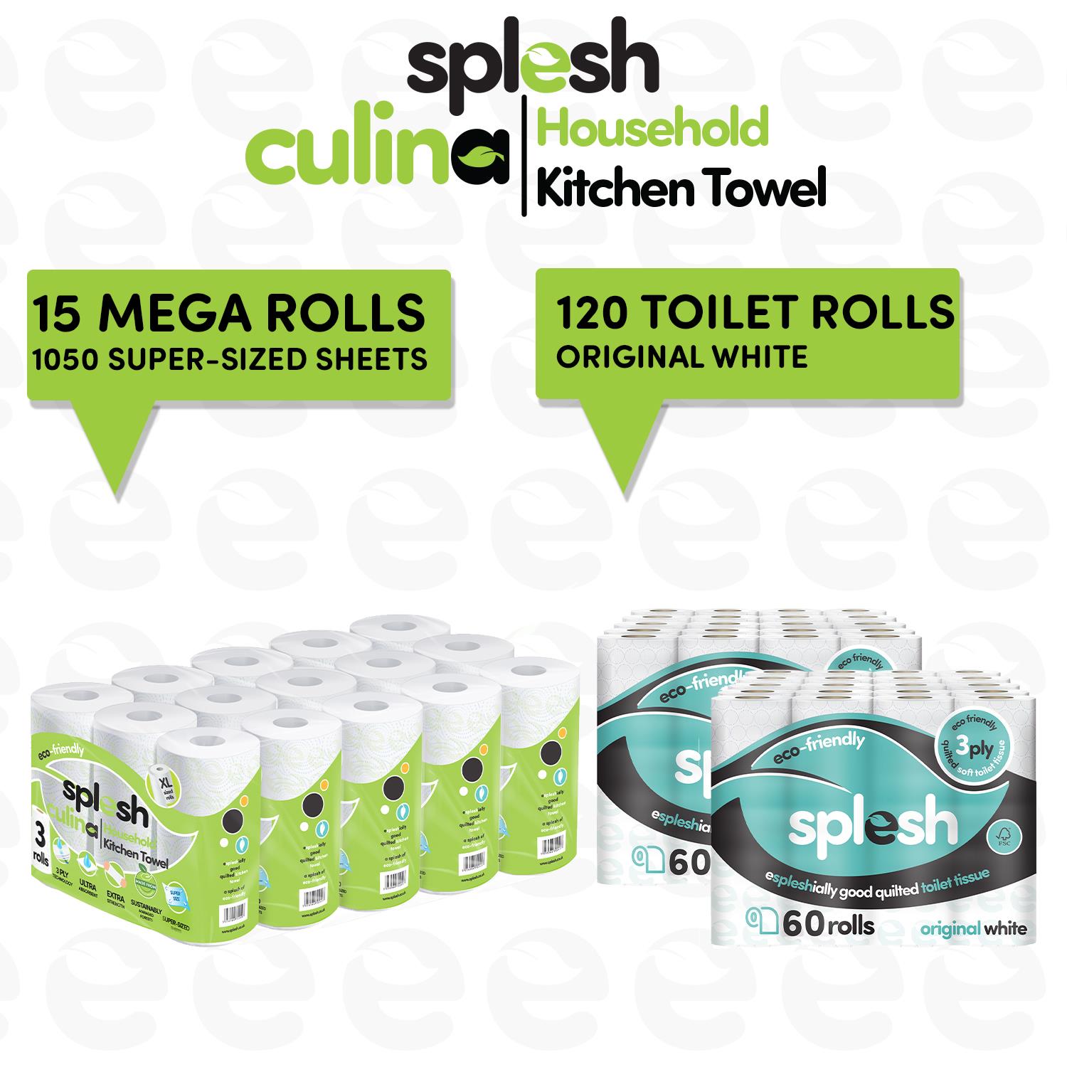 Splesh Toilet Roll Quilted White 120 Rolls with Culina Kitchen Towel 15 Rolls - Splesh