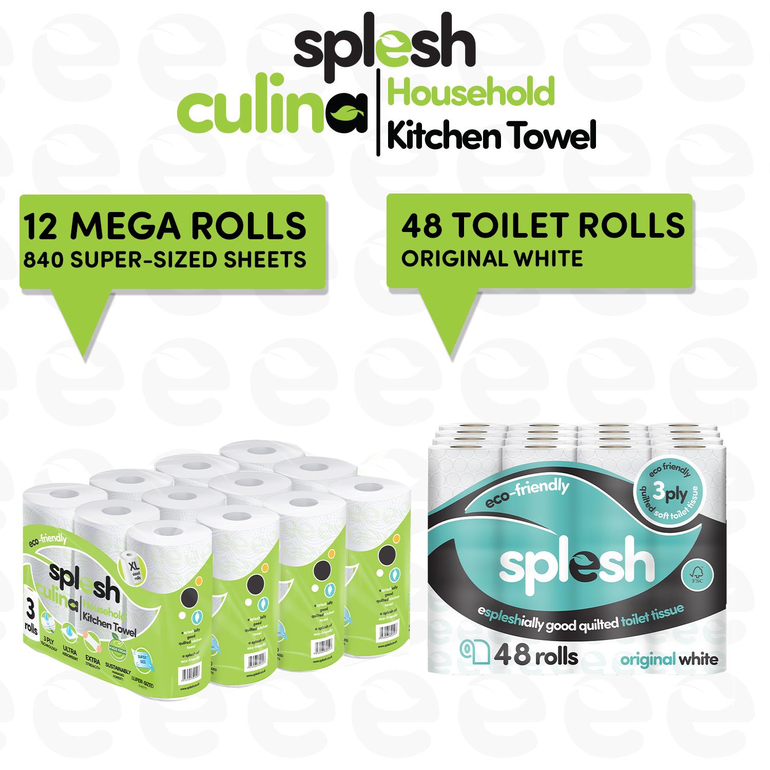 Splesh Toilet Roll Quilted White 48 Rolls with Culina Kitchen Towel 12 Rolls - Splesh