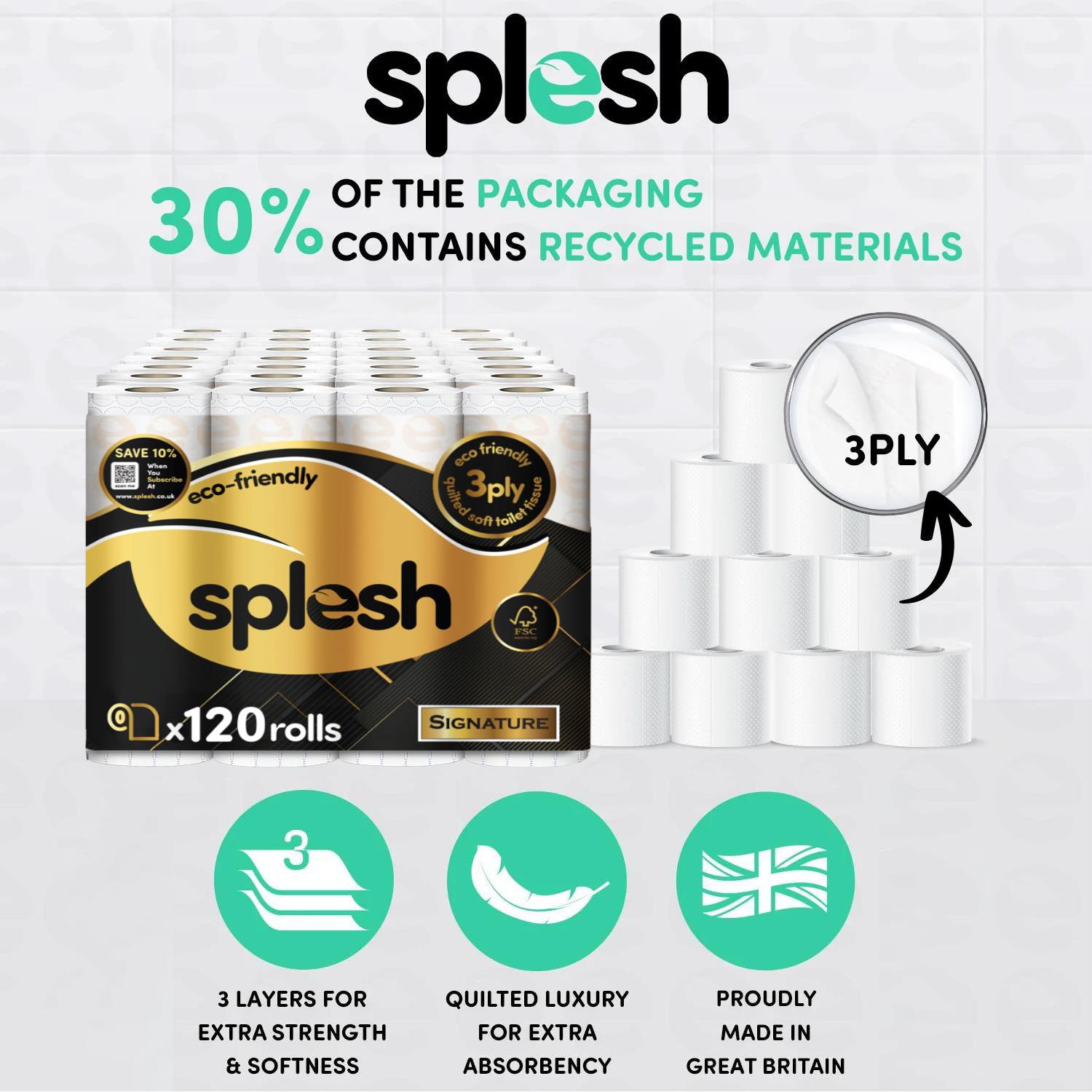 Splesh toilet paper packaging with recycled material information and product features.
