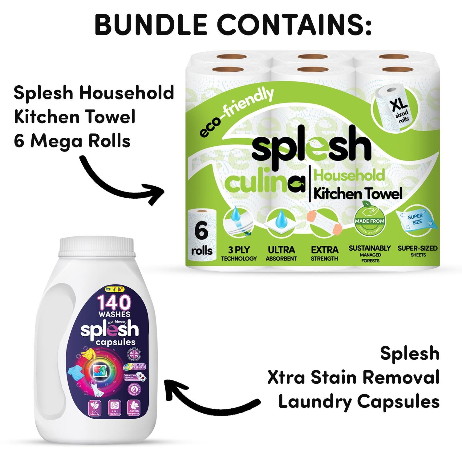 Splesh Culina XL Kitchen Towel 3 Ply 6 Rolls with 3in1 Laundry Capsules 140W - Splesh