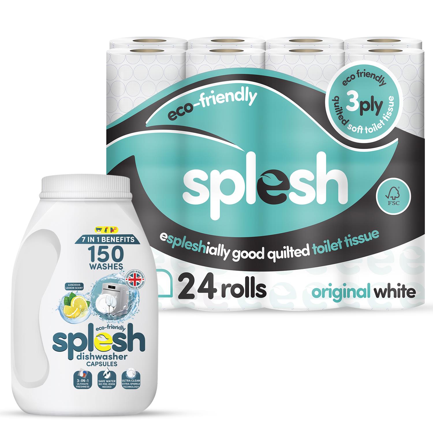 Splesh Toilet Paper Original White 3Ply 24 Rolls w/ 3in1 Dishwasher Tablets 150W - Splesh