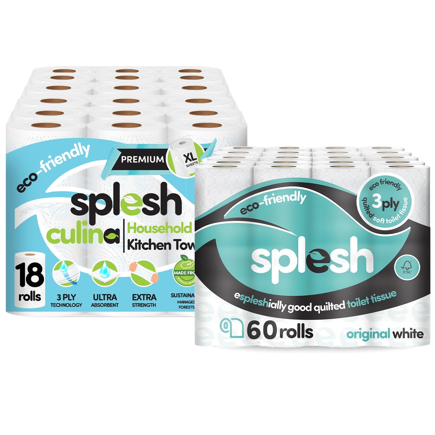 Splesh Toilet Roll Quilted White 60 Rolls with Culina Kitchen Towel 18 Rolls - Splesh