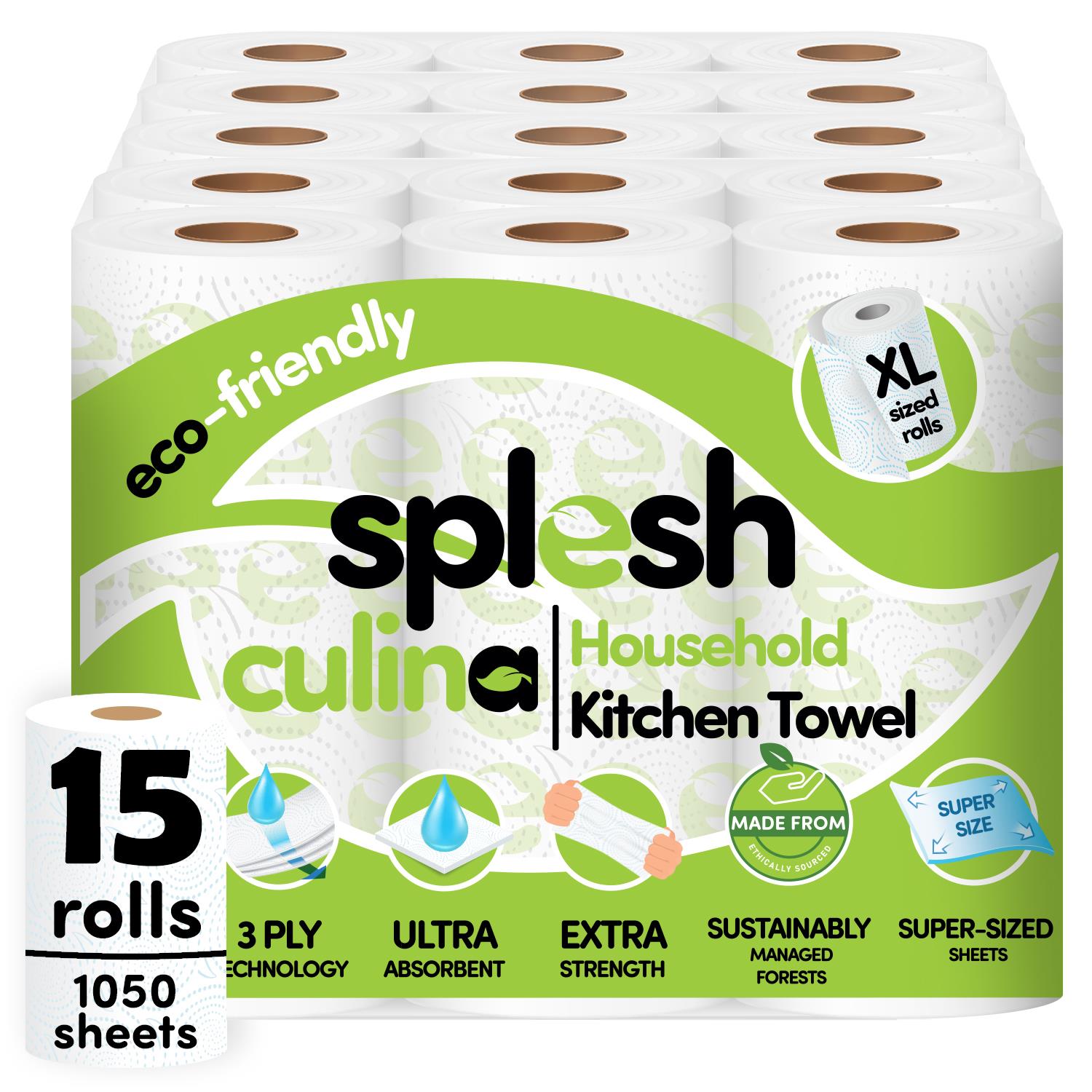 Splesh Culina Kitchen Towel 3 Ply Ultra Absorbent Household XL Roll, 15 Rolls - Splesh