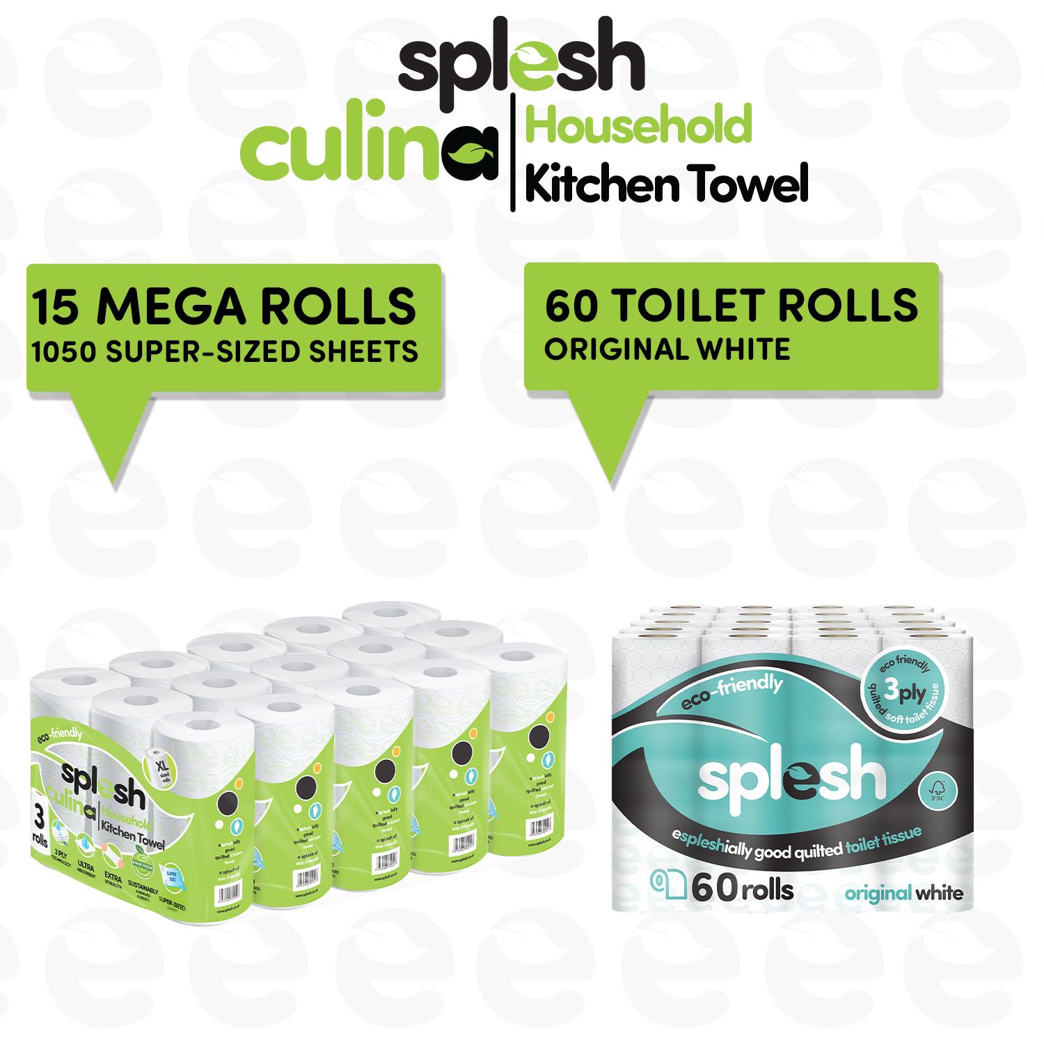 Splesh Toilet Roll Quilted White 60 Rolls with Culina Kitchen Towel 15 Rolls - Splesh
