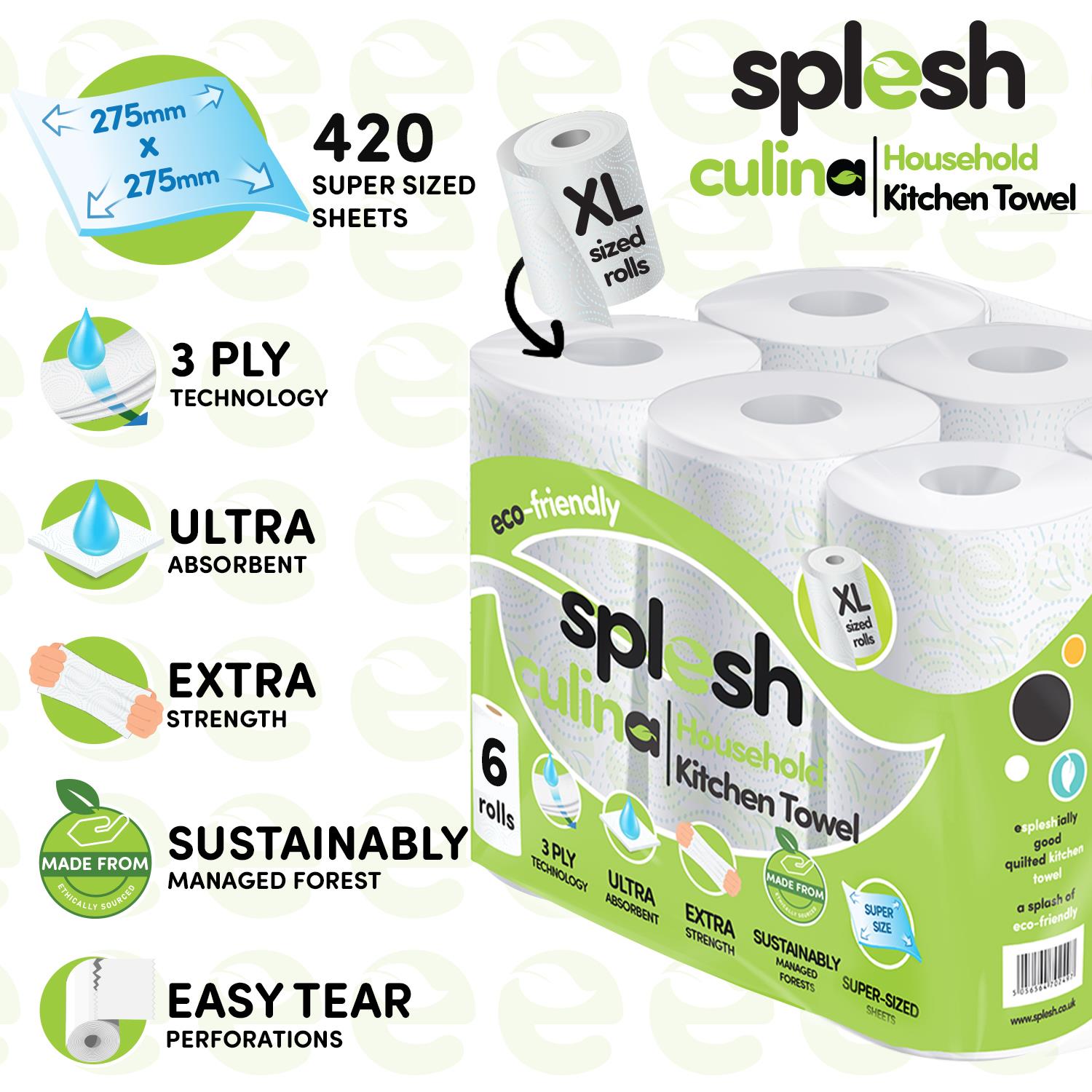 Splesh Culina XL Kitchen Towel 3 Ply 6 Rolls with 3in1 Dishwasher Tablets 150W - Splesh