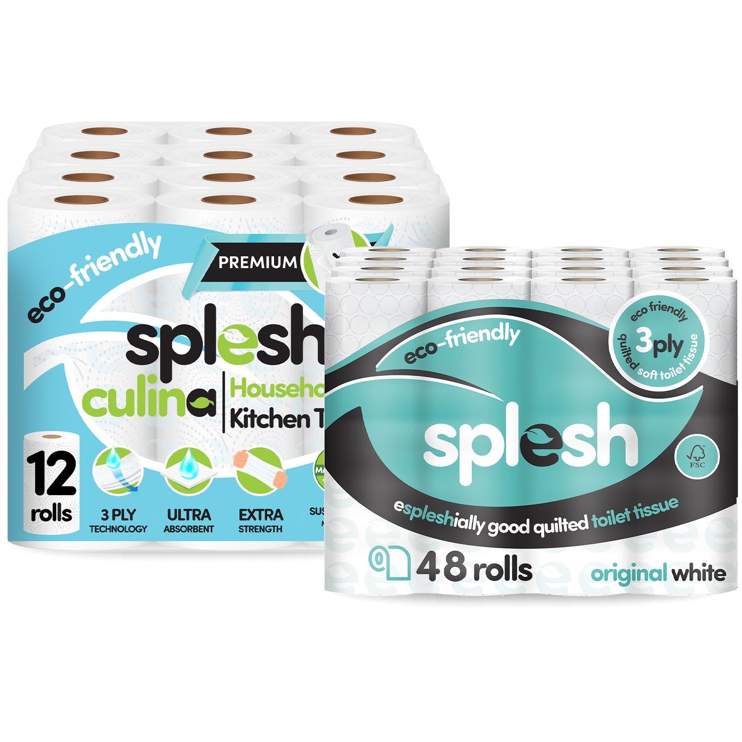 Splesh Toilet Roll Quilted White 48 Rolls with Culina Kitchen Towel 12 Rolls - Splesh