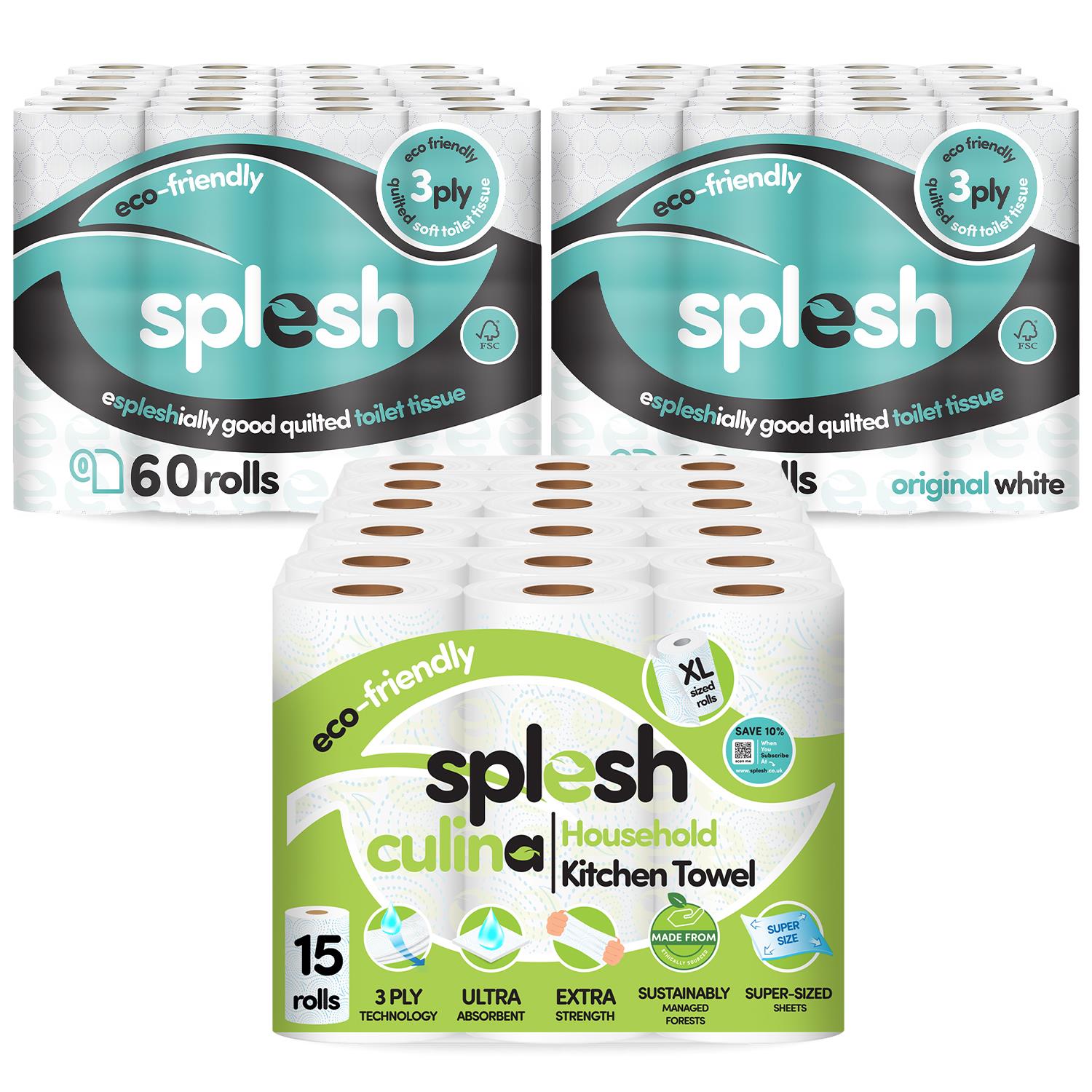 Splesh Toilet Roll Quilted White 120 Rolls with Culina Kitchen Towel 15 Rolls